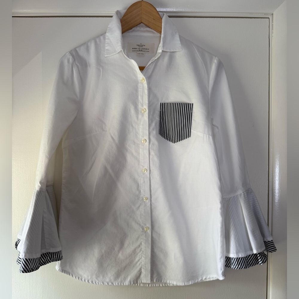 Trovata Birds of Paradis 100% Cotton Ruffled Stripe Shirt Regencycore Whimsical